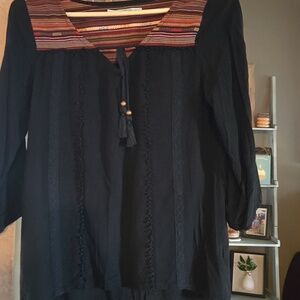 Maurices Black Tunic with Striped Multicolor Yoke and Tassel Tie